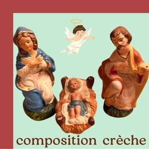 Very Old 4 Piece Composition Crèche Set Vintage Antique